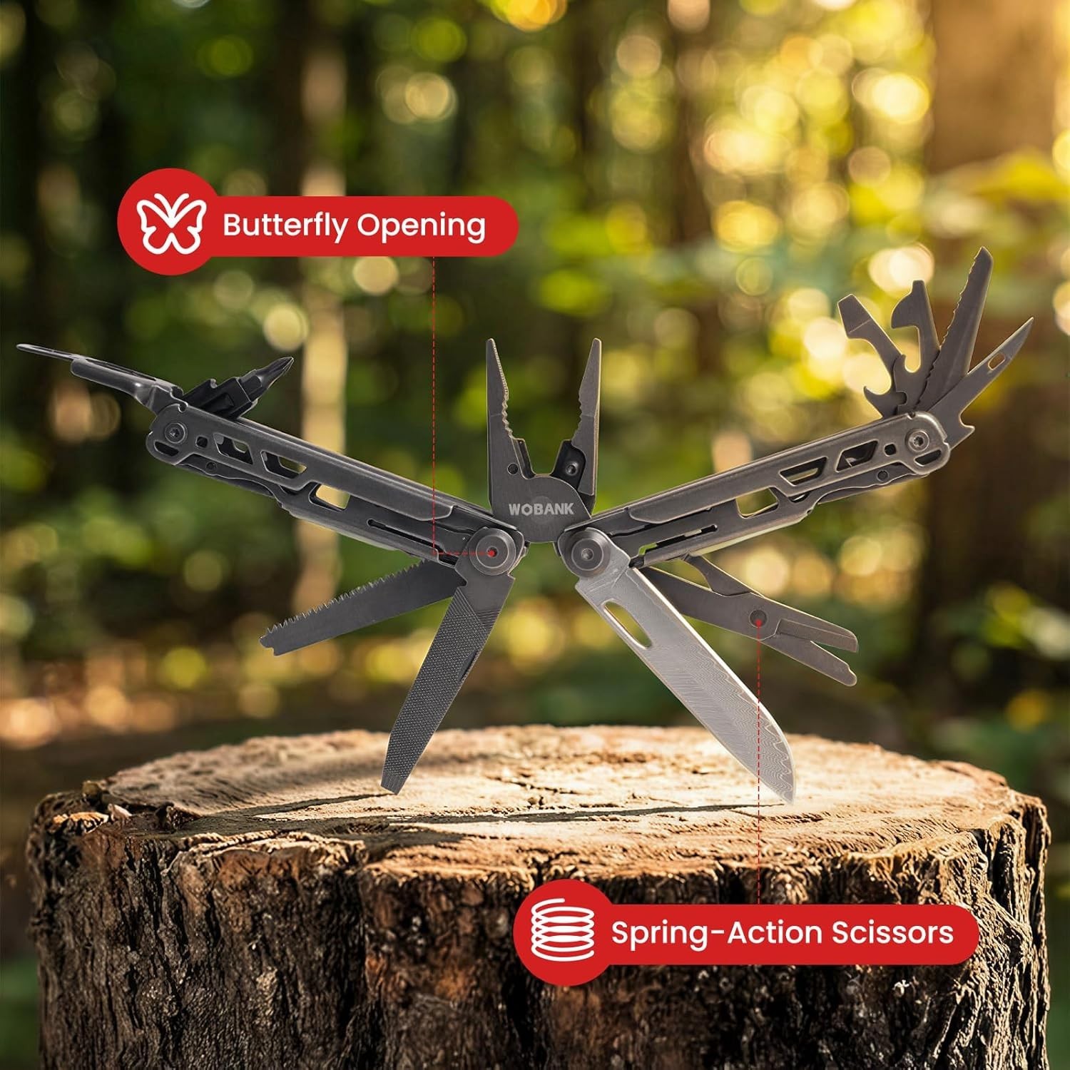 Compact 33-in-1 Multitool with Damascus Knife & Luminous Strip for Low-Light Use