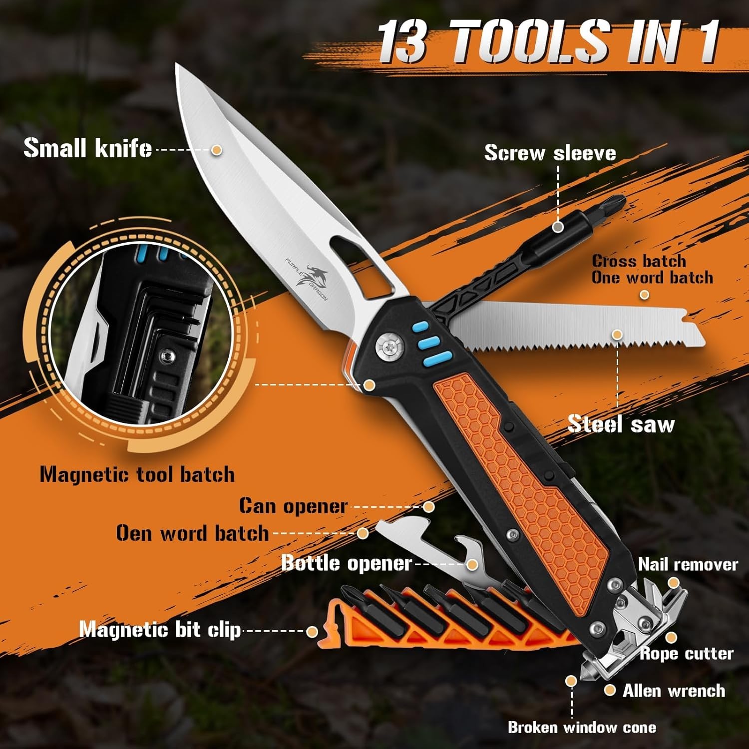 Multi Tool Folding Knife Purple Dragon 13-in-1 Survival Tool w/ hard sheath NEW