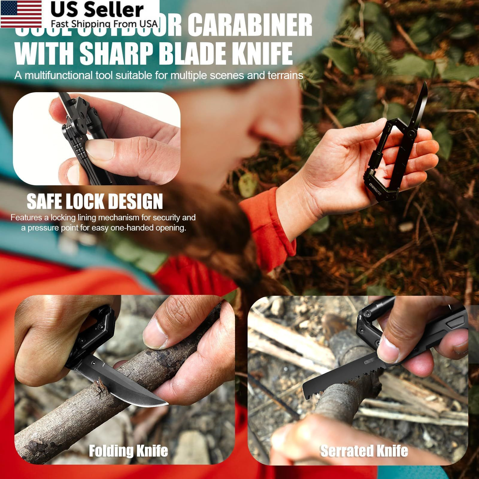 Carabiner Multitool 8-in-1 EDC Carabiners Pocket Knife, Serrated Black