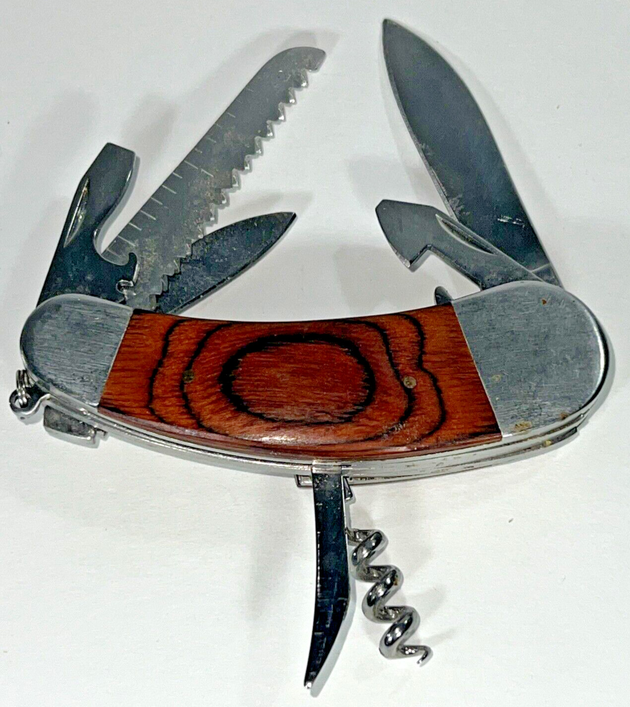 Camping Knife Wooden Handle with 7 Different Tools Attached with a Hanging Ring