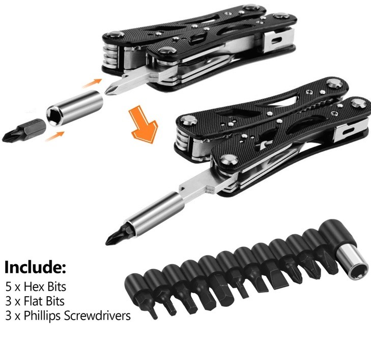 Multitool Pliers Set Stainless Steel 11 Screwdriver Bits Black Durable