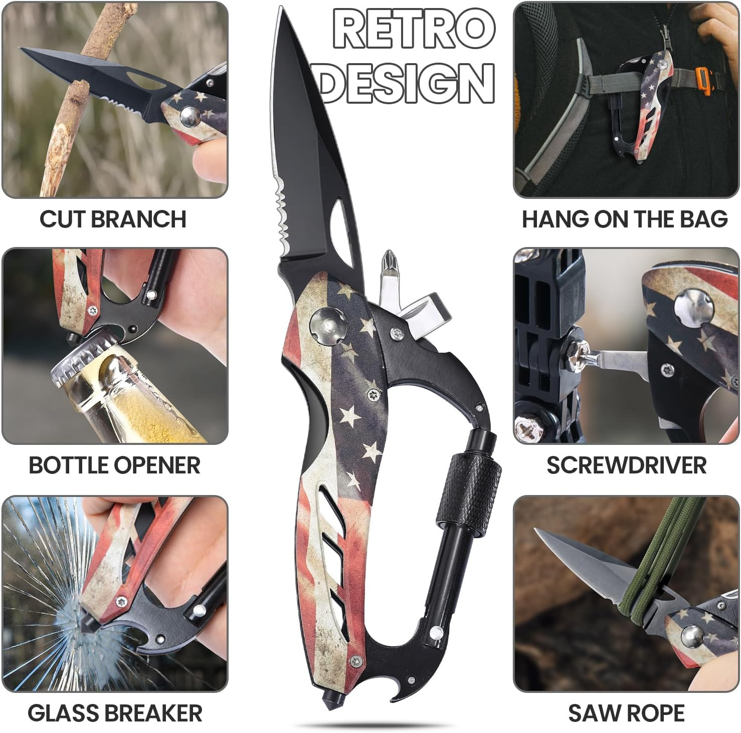 Multitool Carabiner Knife Tools for Men, Cool Gadgets Survival Gear with Folding