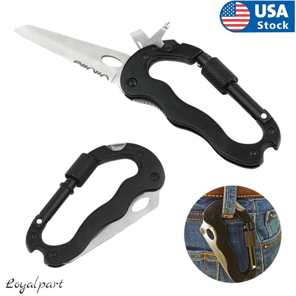 Survival Camping Gear Multitool Carabiner Keychain Knife Clip Screwdriver Opener
