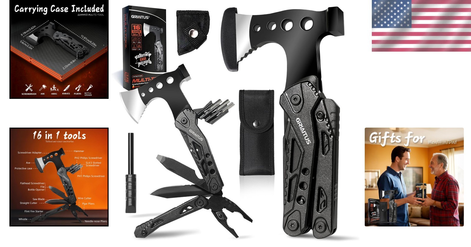 Compact 16 in 1 Camping Multitool with Axe, Pliers & Emergency Gear – Gift Ready