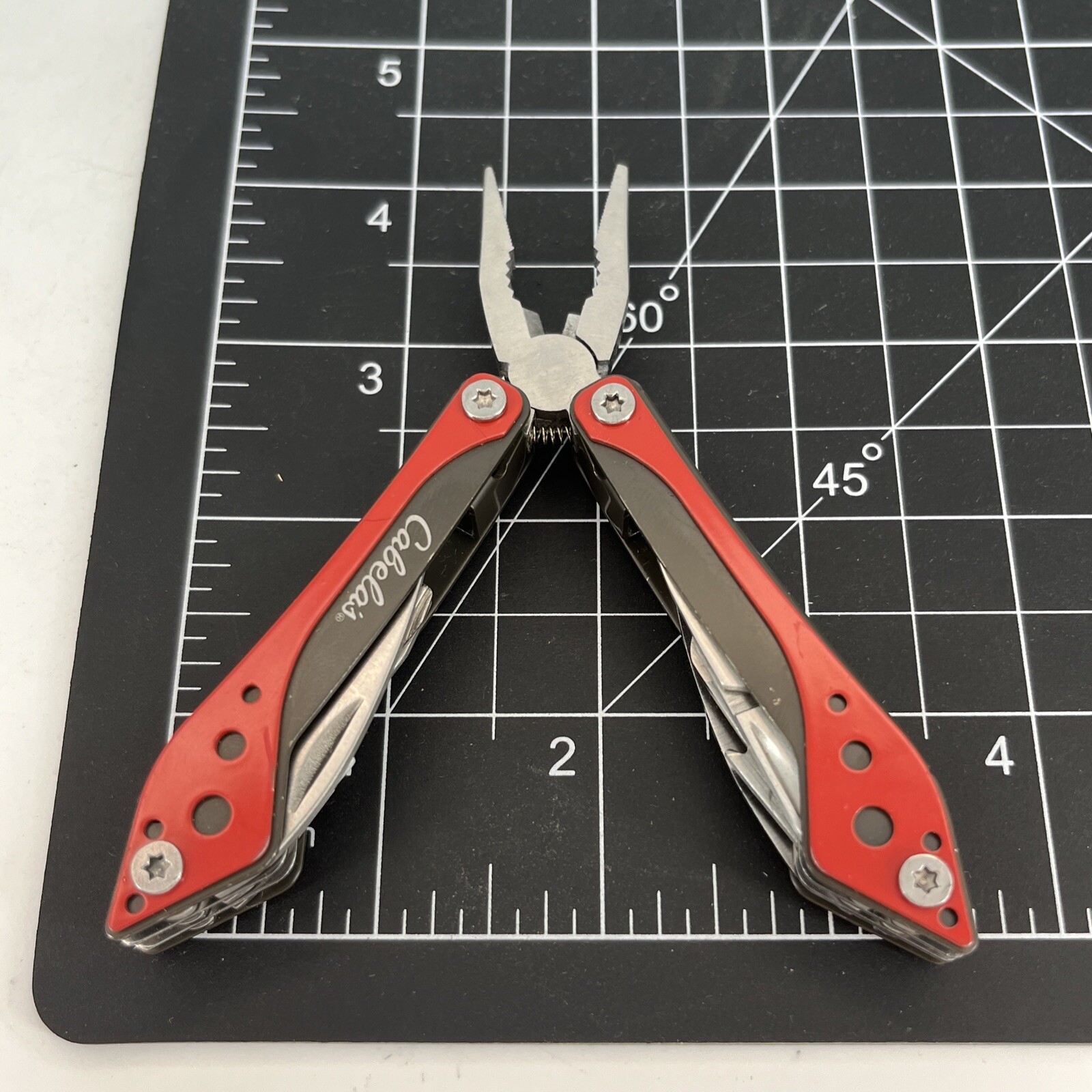 LOT OF 2 Cabela’s SILVER & RED Mini Multi-Tool Spring Open Pliers Scissors Saw