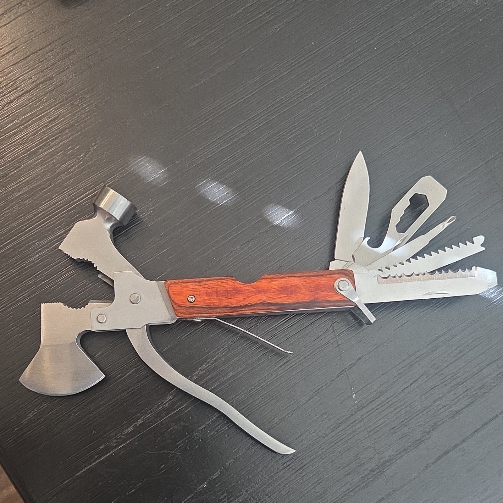 Silver Stainless Steel Multi-Tool Axe Hammer Knife Saw, 7 Tools, Sheath Included