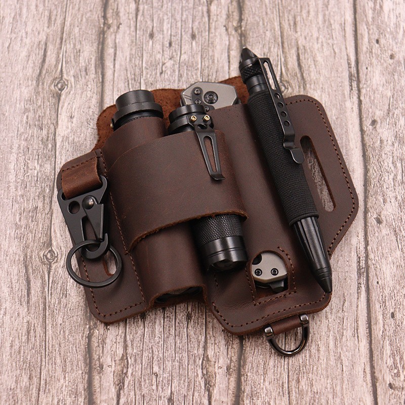Multifunction Leather EDC Pouch, Outdoor Survival Belt Sheath for Tools & Knives