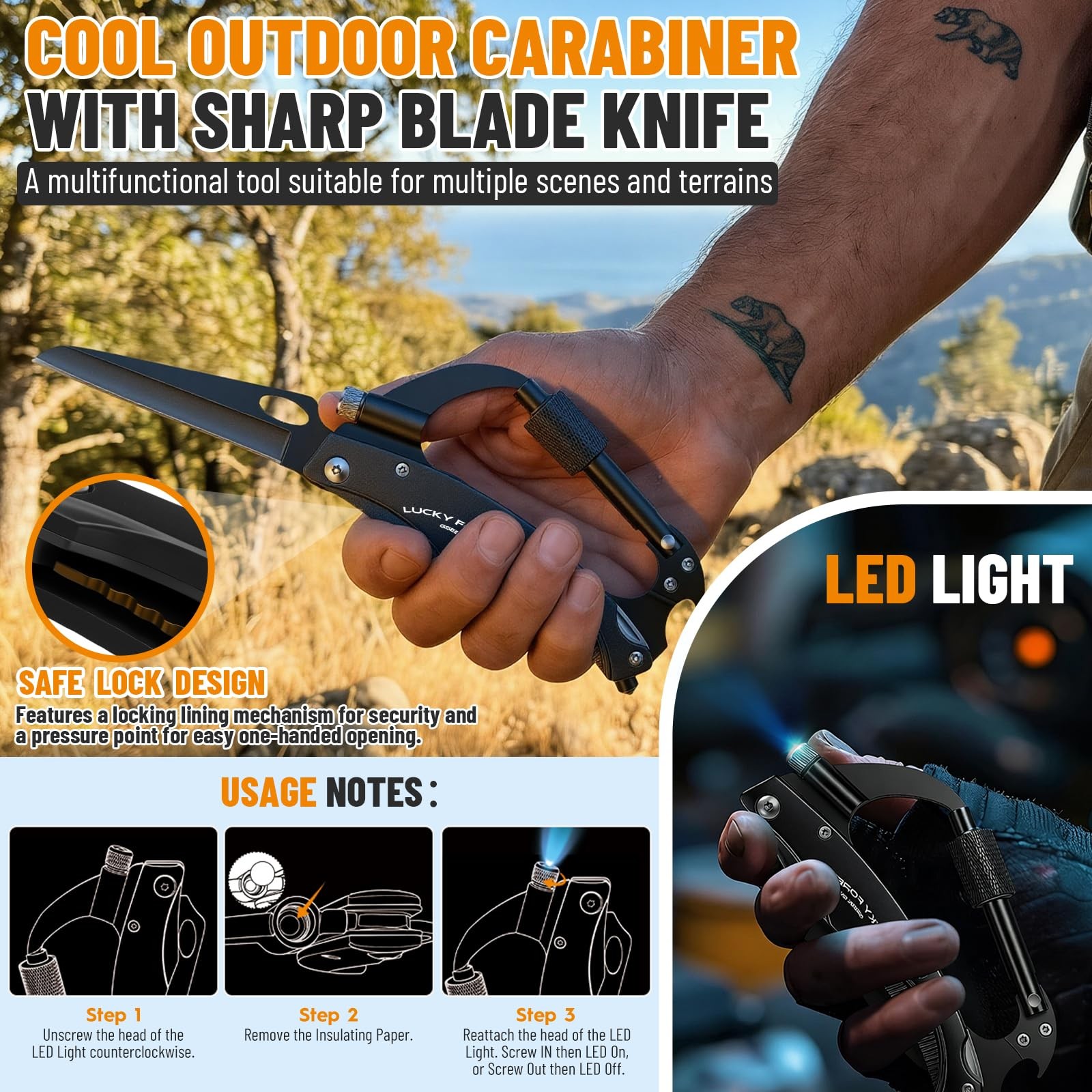 Carabiner Multitool with Pocket Knife, 7-in-1 EDC Carabiners with Folding Kni…