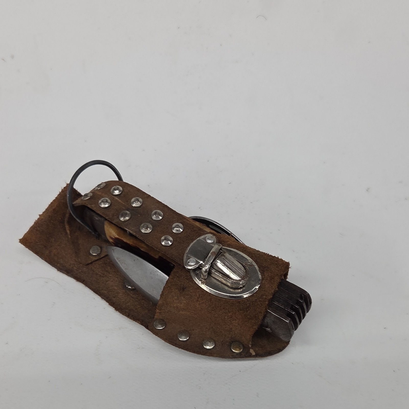 Vintage Camping Multi-Tool Knife Fork Spoon Scissors Corkscrew Leather Sheath