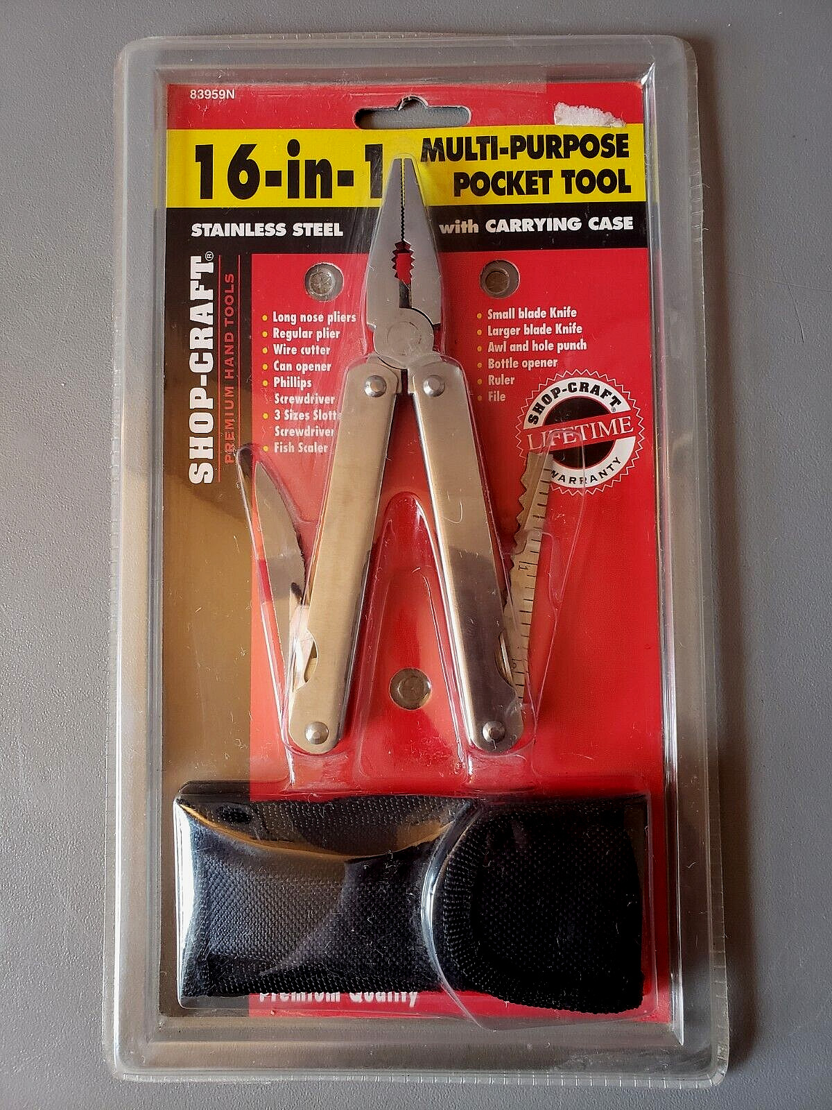 2 SHOP CRAFT – 16-IN-1 MULTI TOOLS W/ CARRYING CASE – STAINLESS STEEL – 4″ LONG