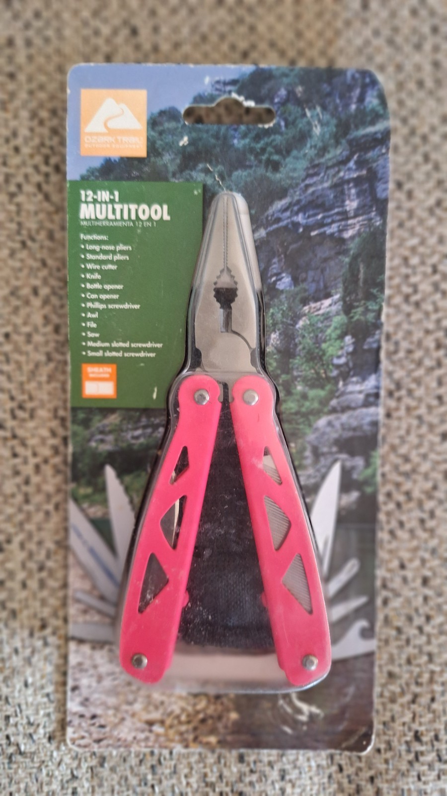 OZARK TRAIL 12 IN 1 MULTI TOOL PINK HANDLE STAINLESS STEEL W SHEATH NEW