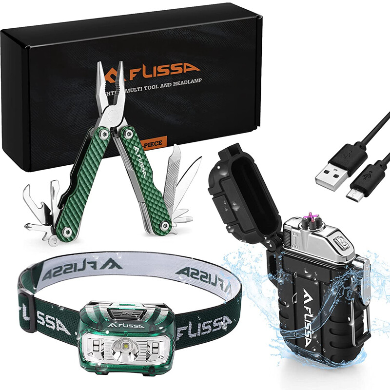 Flissa 3PCS Waterproof LED Headlamp & Windproof Lighters 12 in 1 Multitool Plier