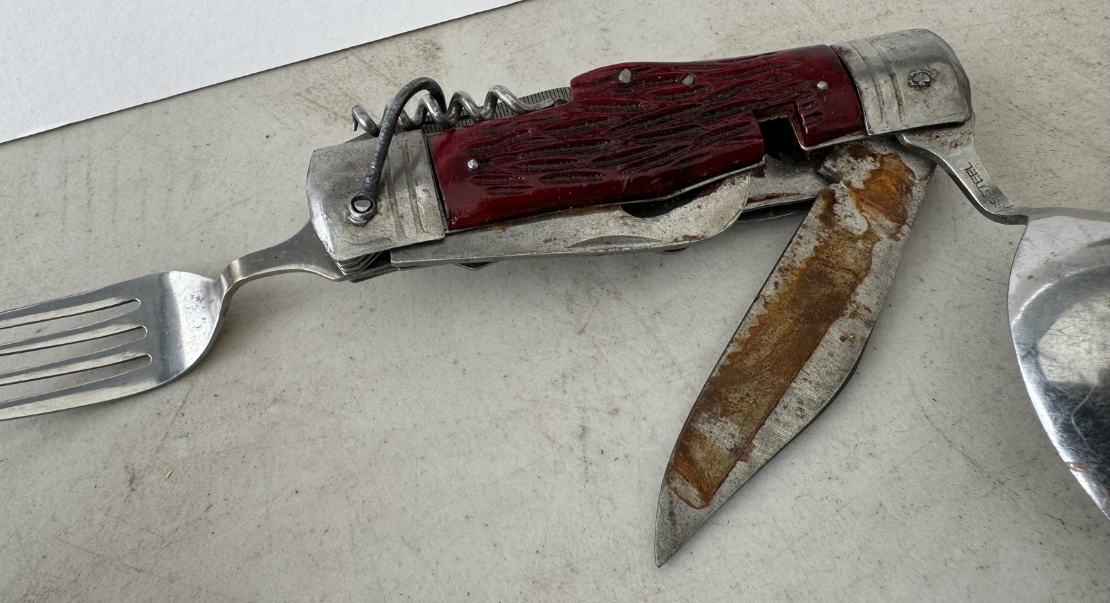 Vintage Stainless Steel Multi Tool Camping Survival Pocket Knife Spoon Fork