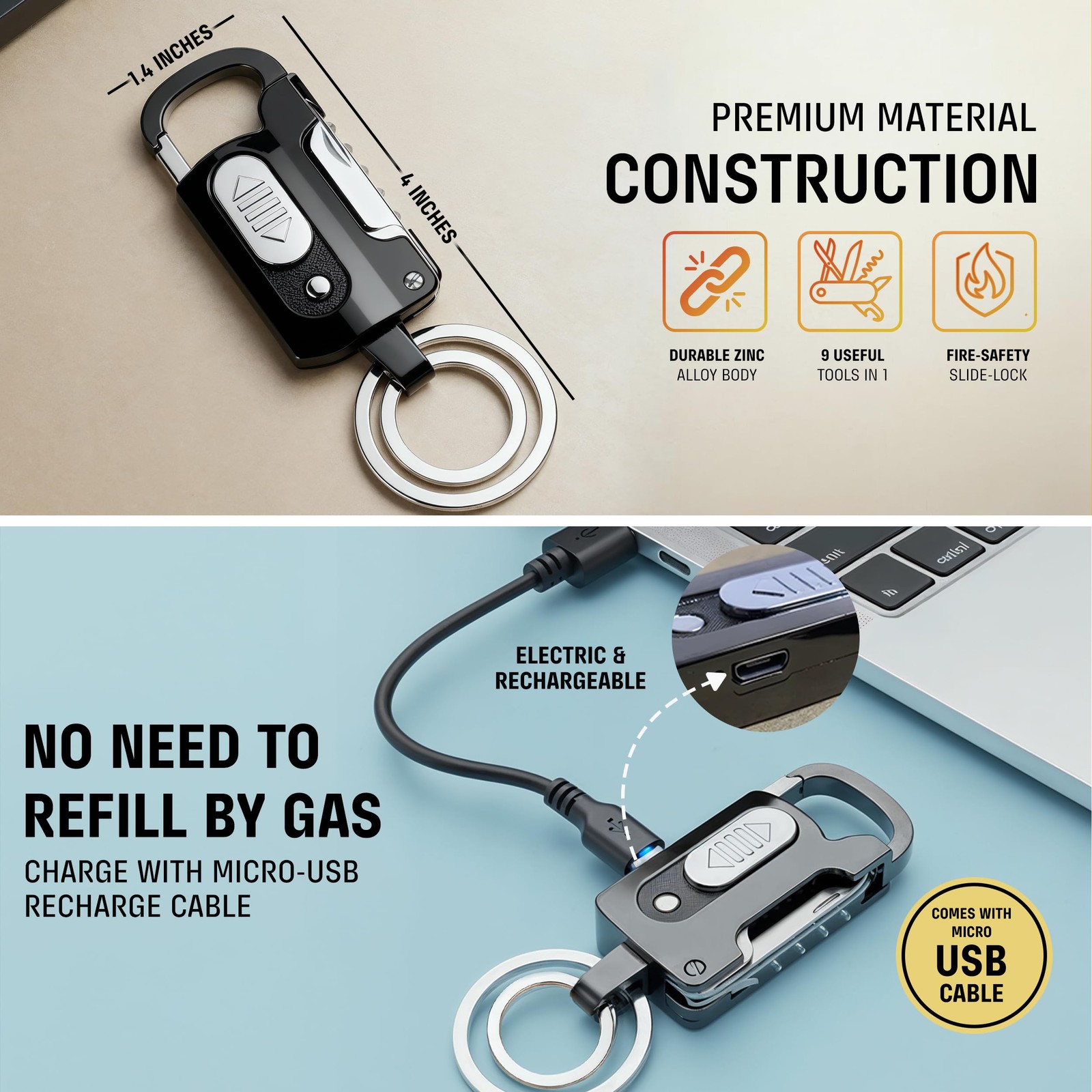 9-in-1 Multitool Keychain with windproof electric plasma coil permanent match…