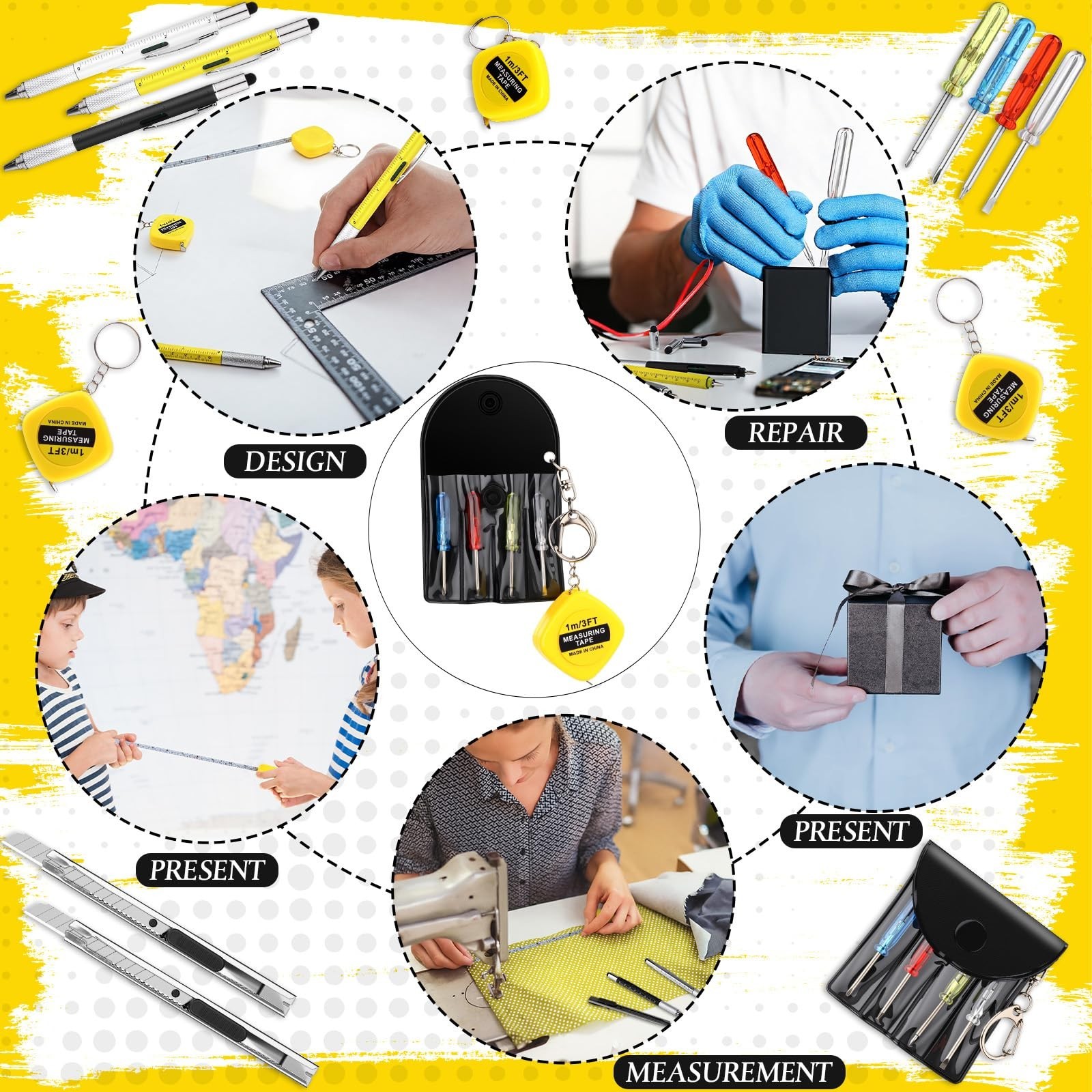 48 Pcs Mini Screwdriver Keychain Tape Measure Multitool Pen Box Cutter Set – Gif