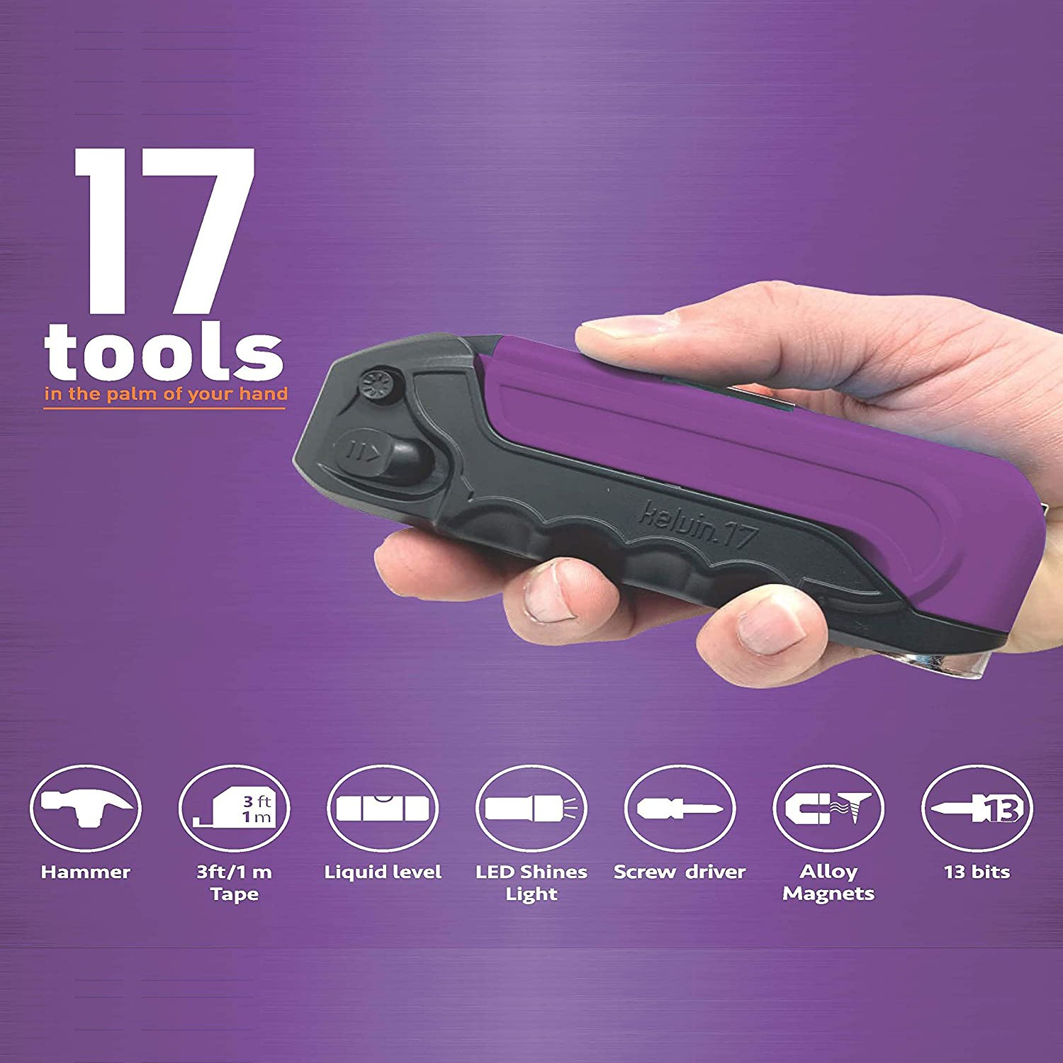 Kelvin Tools Kelvin 17 – The Everyday Multi-Tool with Flashlight, Purple/Black