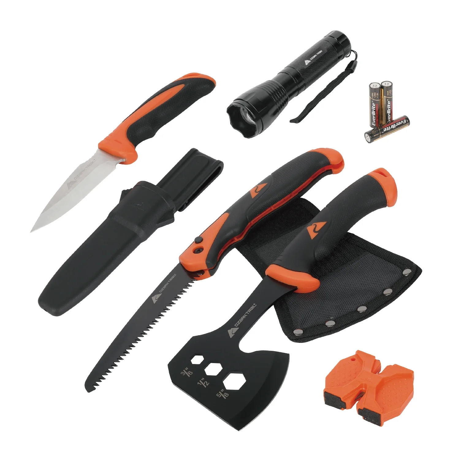 7-Piece Camping Multitool Set with Hammer, Axe, Flashlight, and Knives
