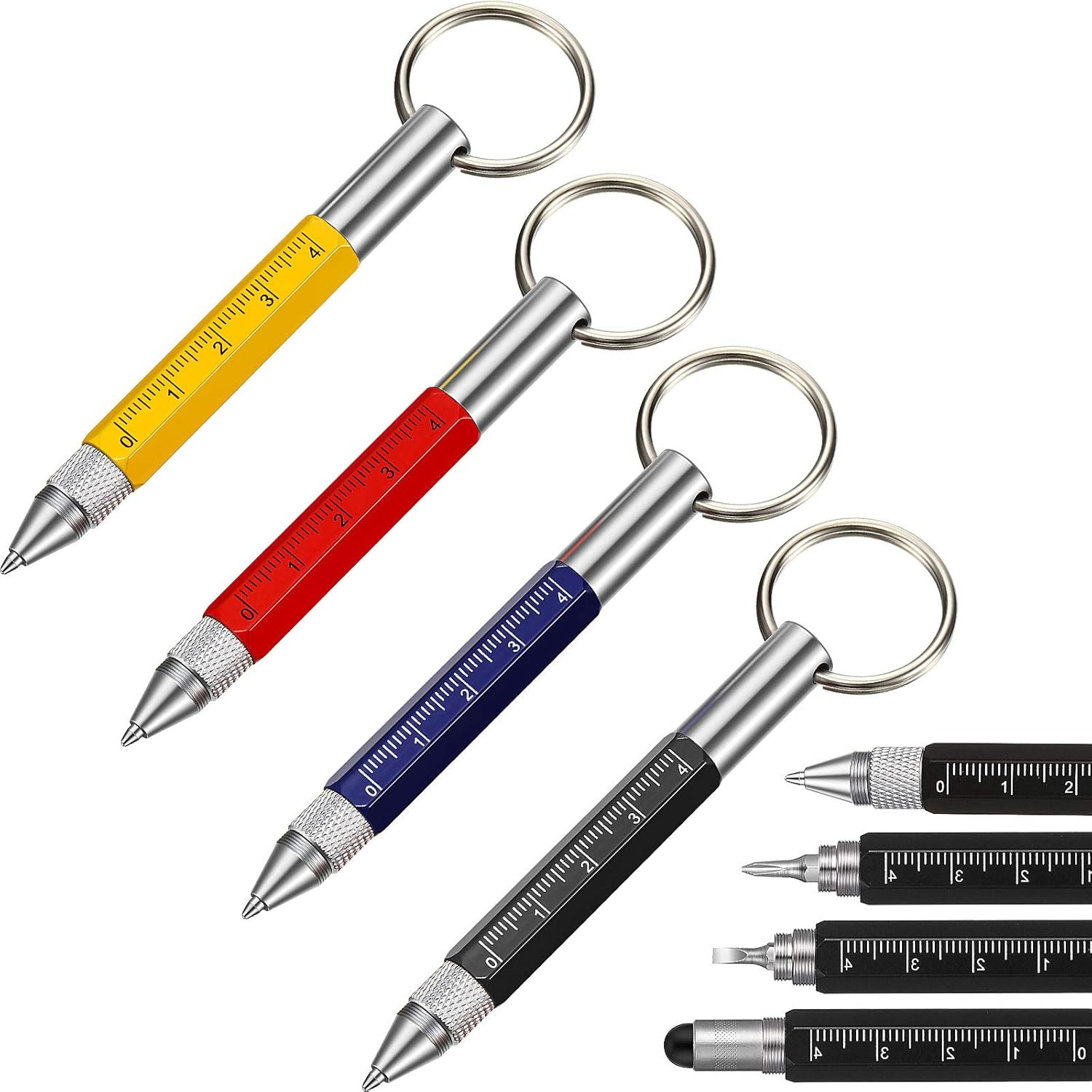 4 Pieces 6 in 1 Multitool Tech Tool Pen Key Ring Screwdriver Pen with Ruler, Two
