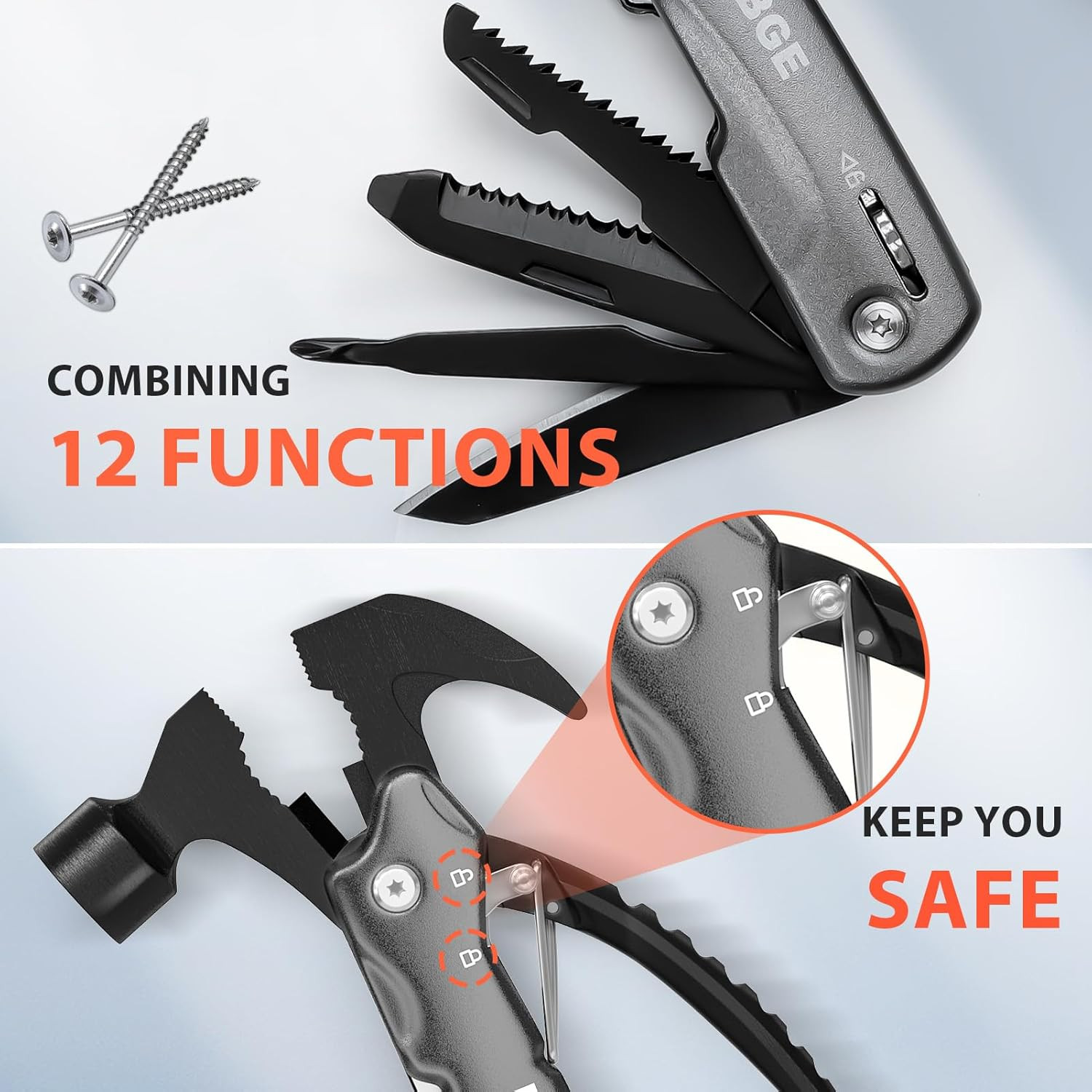 12 in 1 Hammer Multitool, Caming Mulititool with Screwdriver, Safety Lock and Du