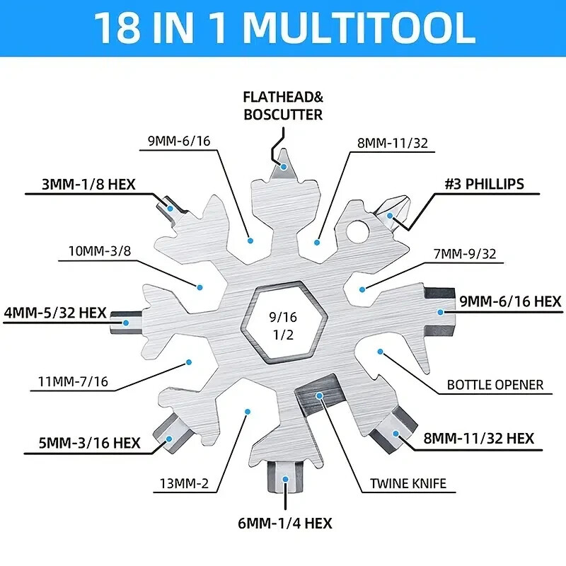 18 in 1 Stainless Multi-tool Snowflake Keychain Wrench Screwdriver Bottle Opener