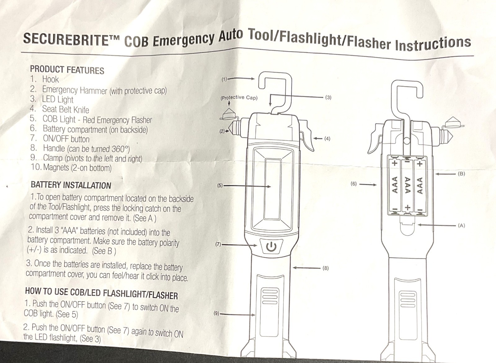 Securebrite COB Emergency Auto Tool/Flashlight/Flasher – NEW – Lot of 4 – Notes