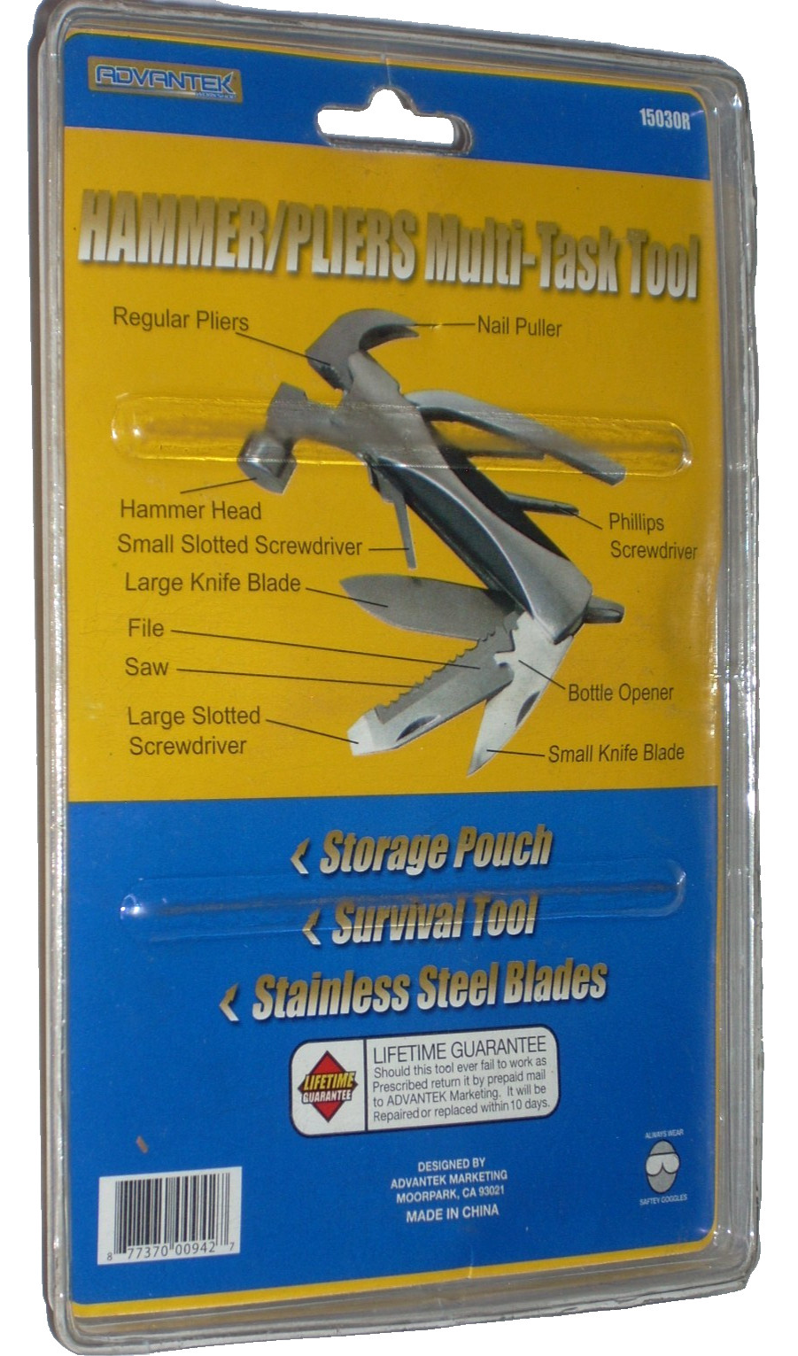 Advantek 15030R Hammer Pliers Combination Knife Multi-Task Tool SS Blades w Case