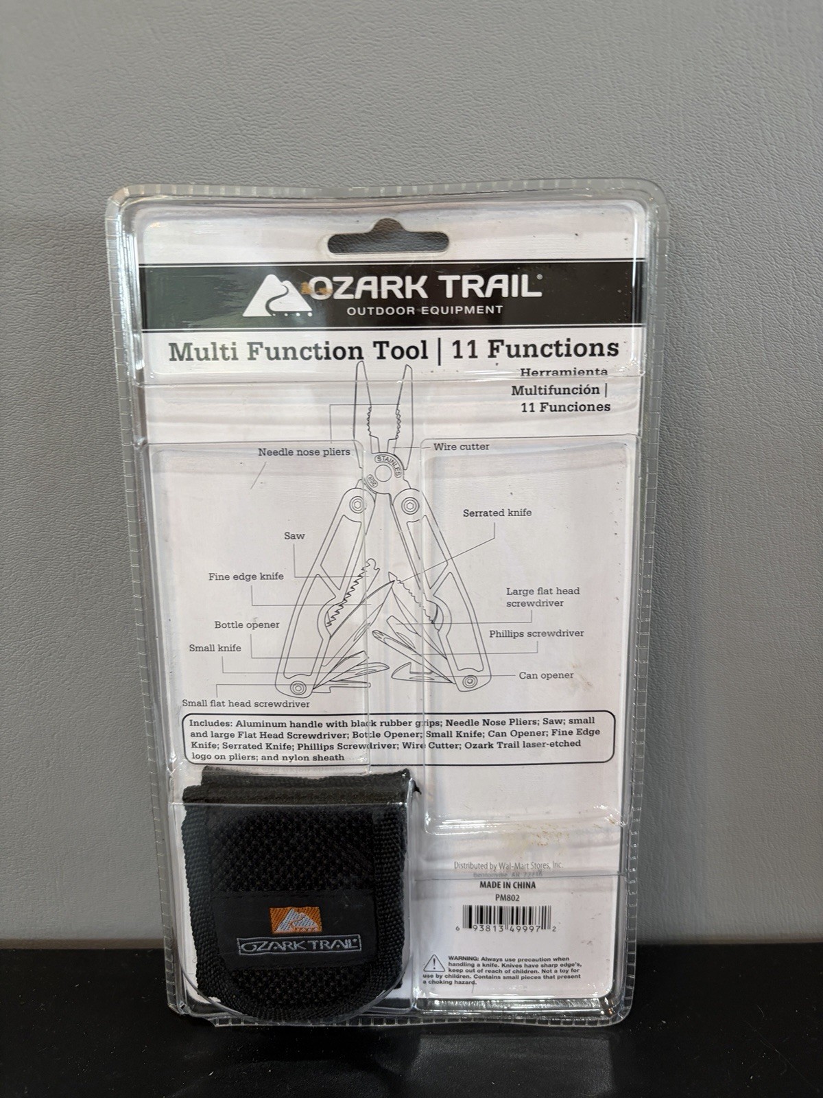 Ozark Trail Multi Function Tool (11) w Belt Sheath, Silver/Black, NEW in Box
