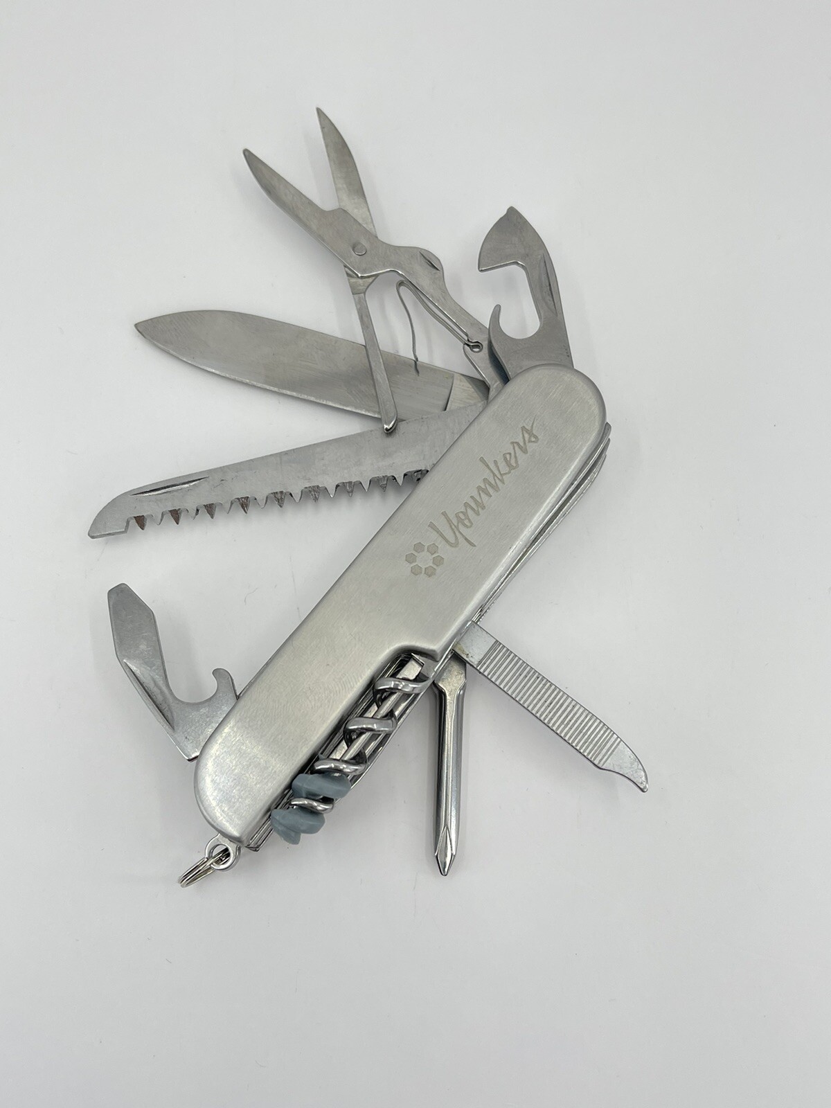 Younkers multi tool Pocket Knife can opener cork screw wood saw scissors file