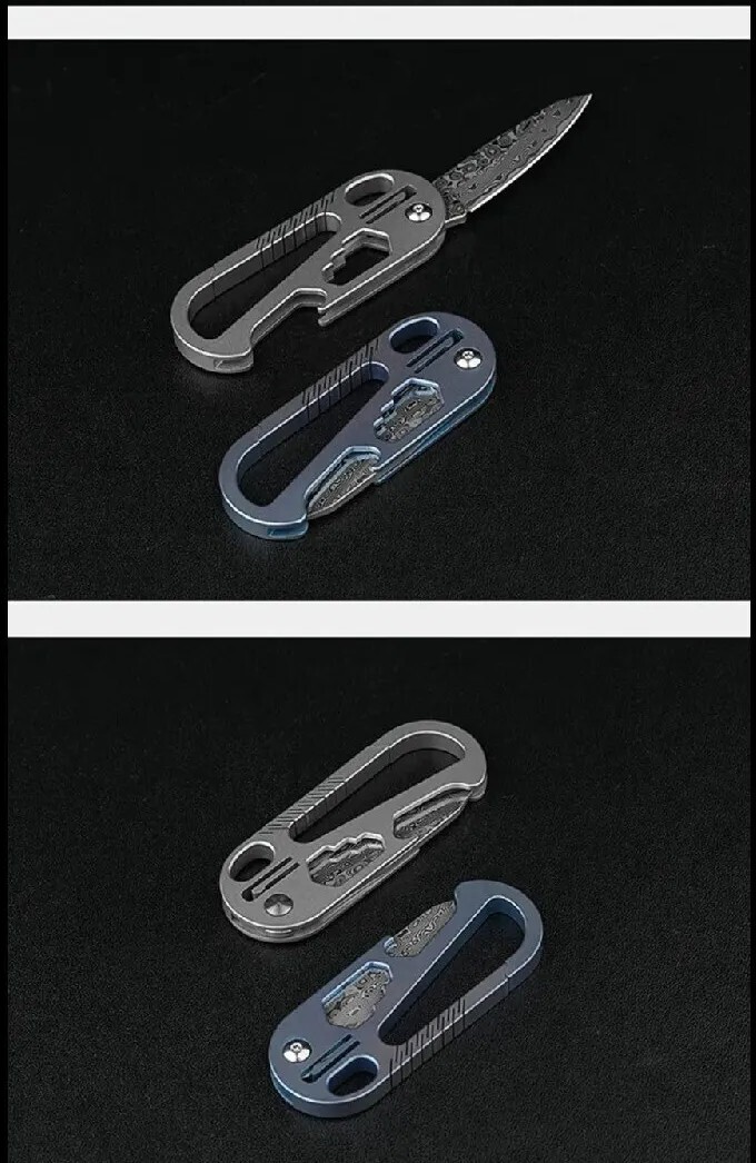 Mini EDC Multitool – Anodized Blue Titanium Carabiner Keychain w/ Damascus Blade