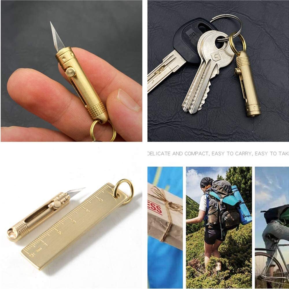 EDC Mini Portable Paper Knife Folding Pocket Keychain Brass Pendant Cutter Blade