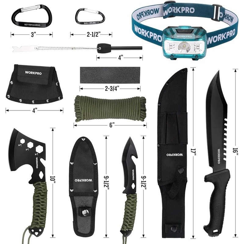 9-Piece Camping Tool Set Hatchet Knife Machete Headlamp Paracord Survival Gear