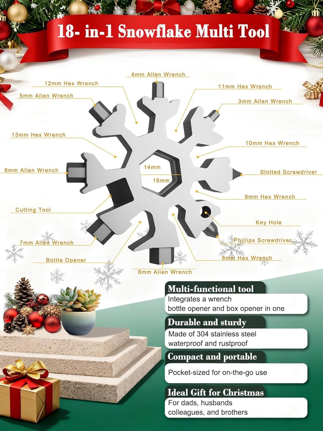18-in-1 Snowflake Multi Tool – Stainless Steel with Bottle Opener & Wrench,Compa