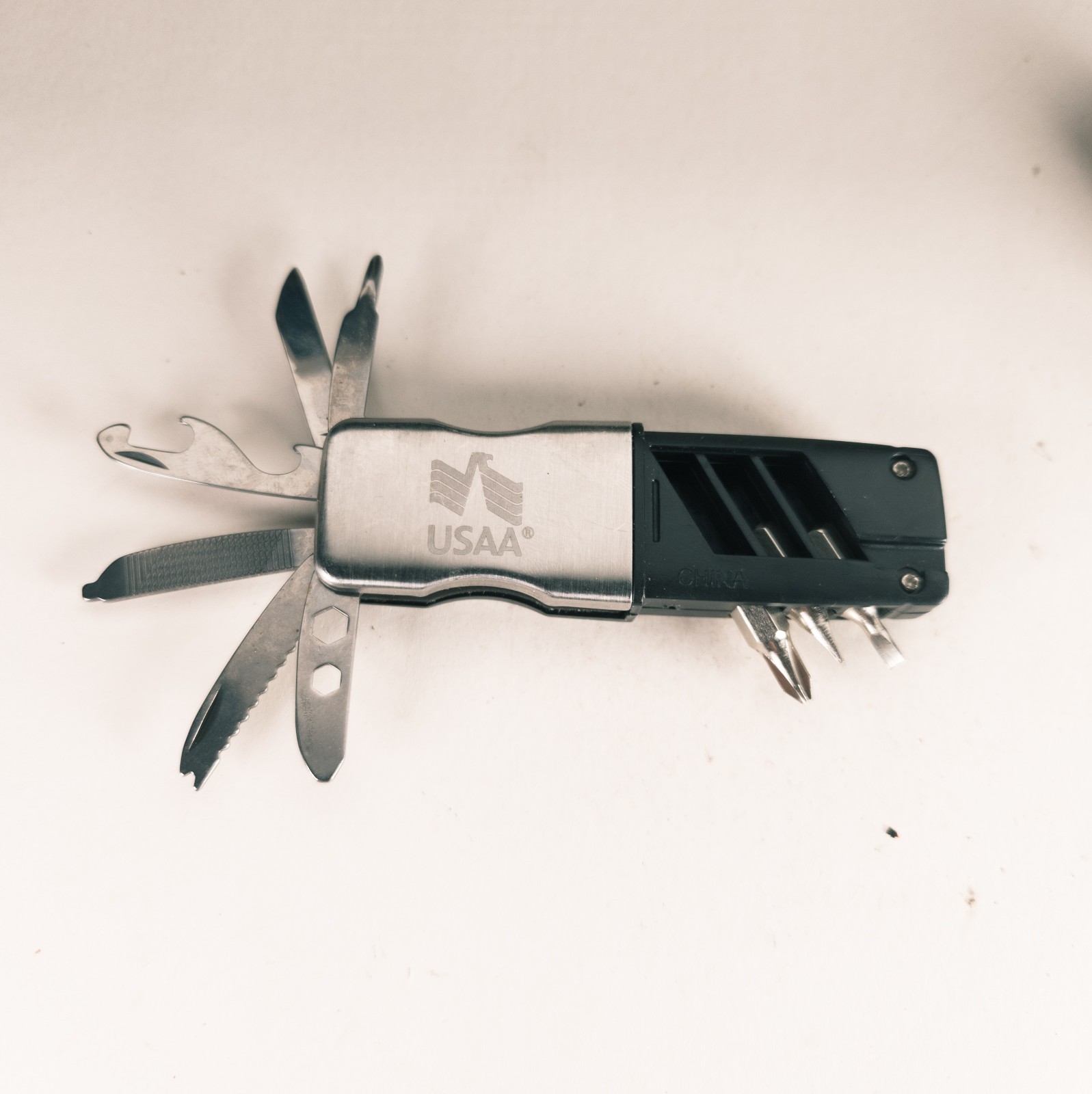 USAA Multitool Pocket Knife Black and Silver With Bit Driver Bottle Opener