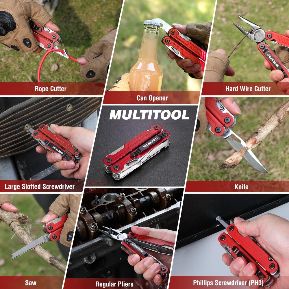 WORKPRO 18-in-1 Folding Multitool Pliers Stainless Steel Multi Tool Pocket Knife