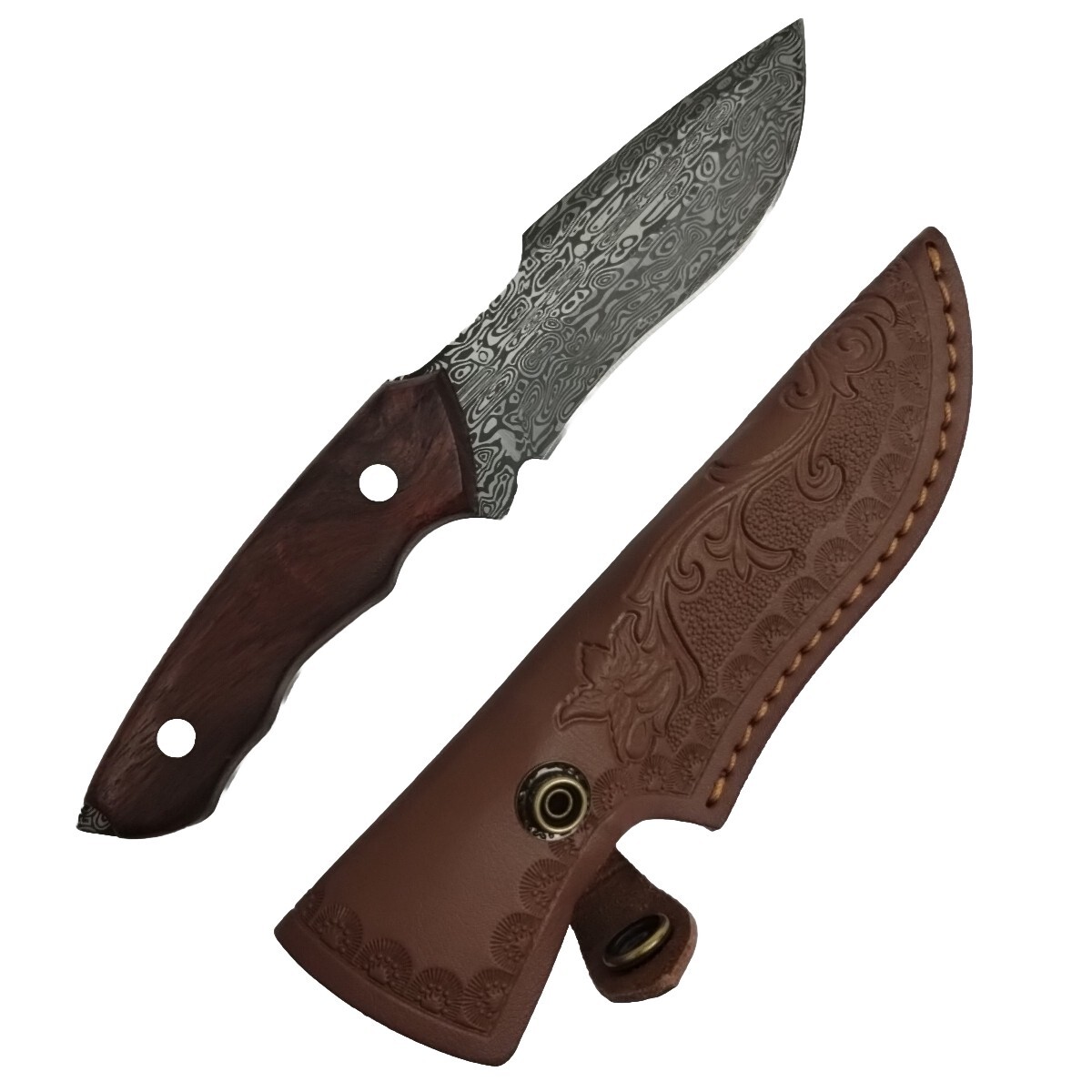 Damascus Pattern Brown Wood Knife 3.83″ Blade Stainless Steel w/ Scabbard