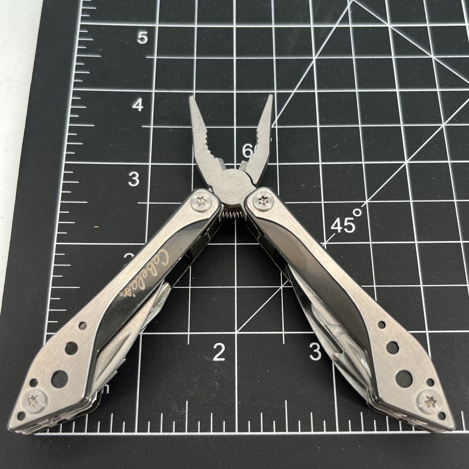 LOT OF 2 Cabela’s SILVER & RED Mini Multi-Tool Spring Open Pliers Scissors Saw