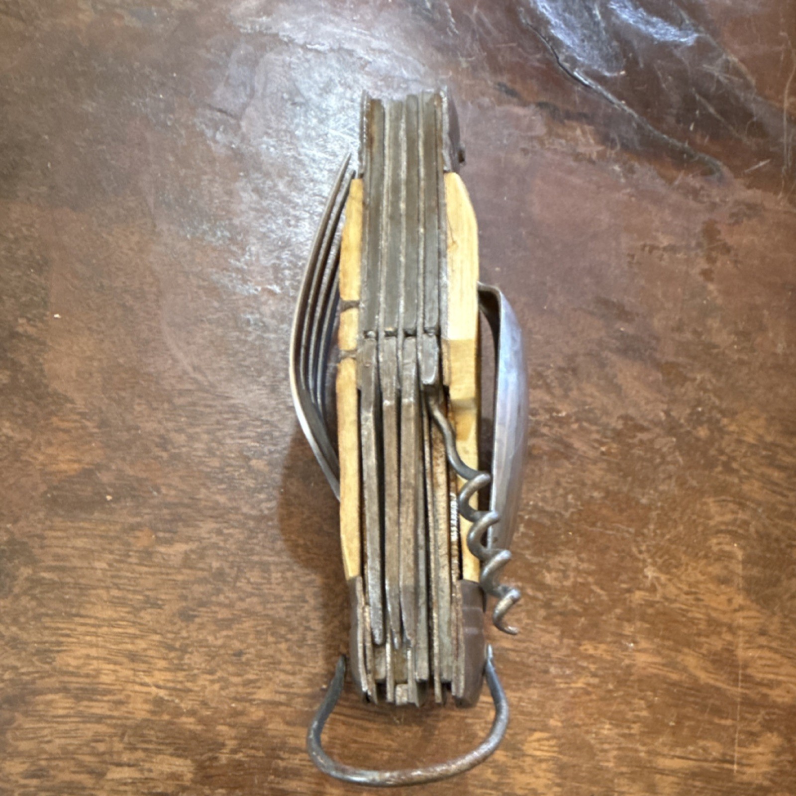 Vintage Camping Multi-Tool Utensil Set Steel Wood Knife Fork Spoon Scissors
