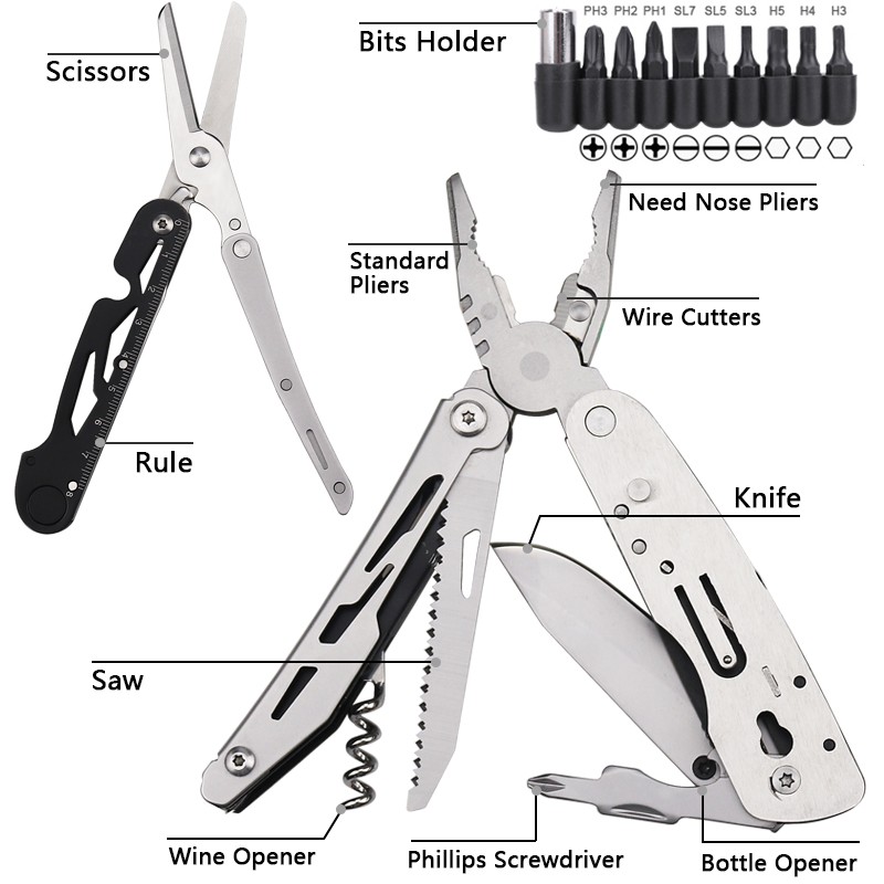 20-in-1 Multi Tool Pliers Outdoor Survival Folding Pocket Knife Scissors w/ Bits