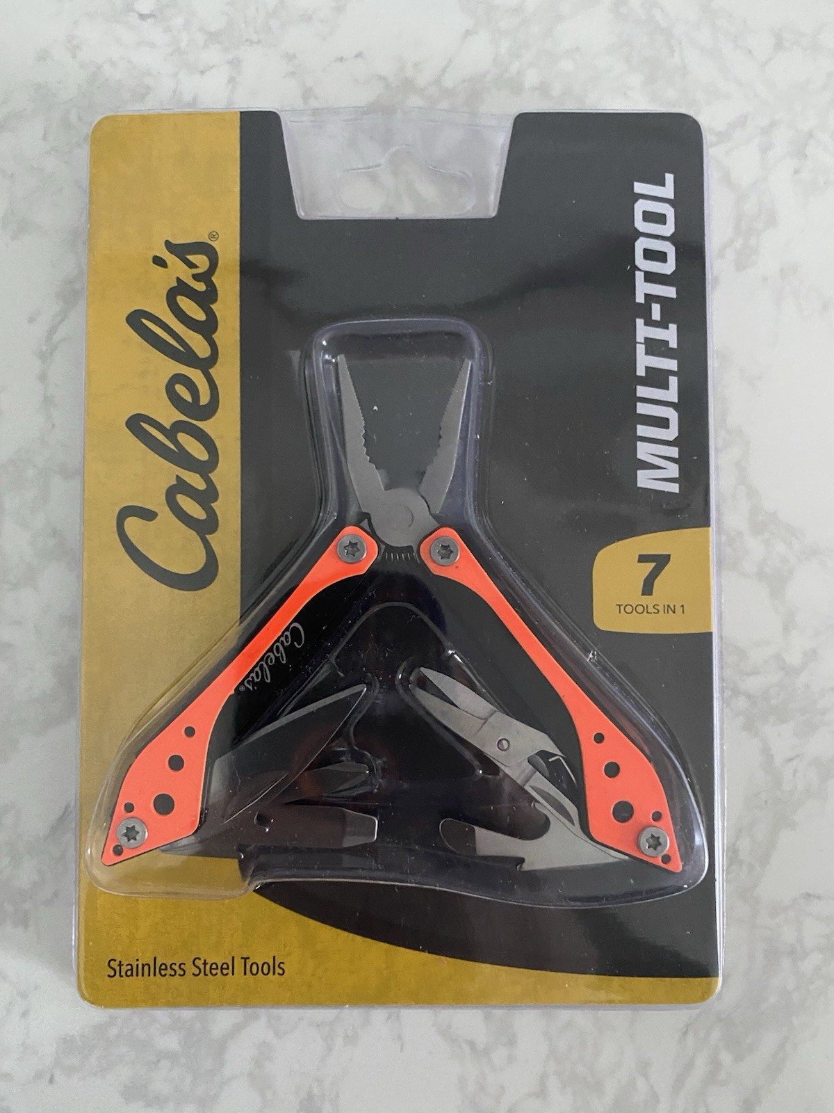 Cabela’s Multi-Tool 7 in 1 Stainless Steel Orange Knife Blade, Pliers Fishing +