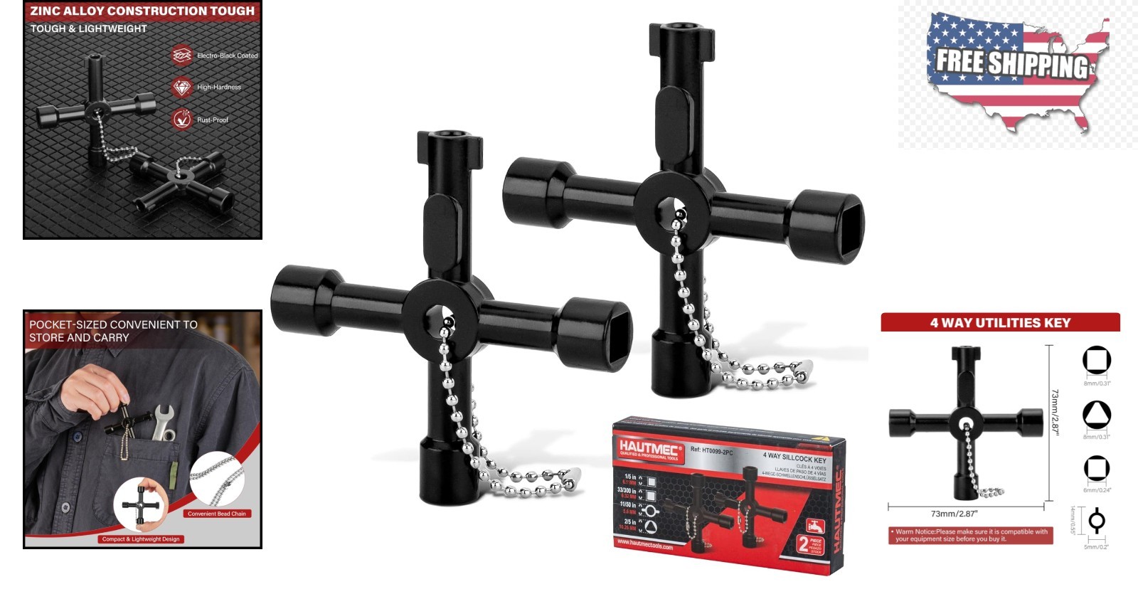 2 Pack Multi-Functional 4 Way Water Keys – Ideal for Plumbers and Electricians