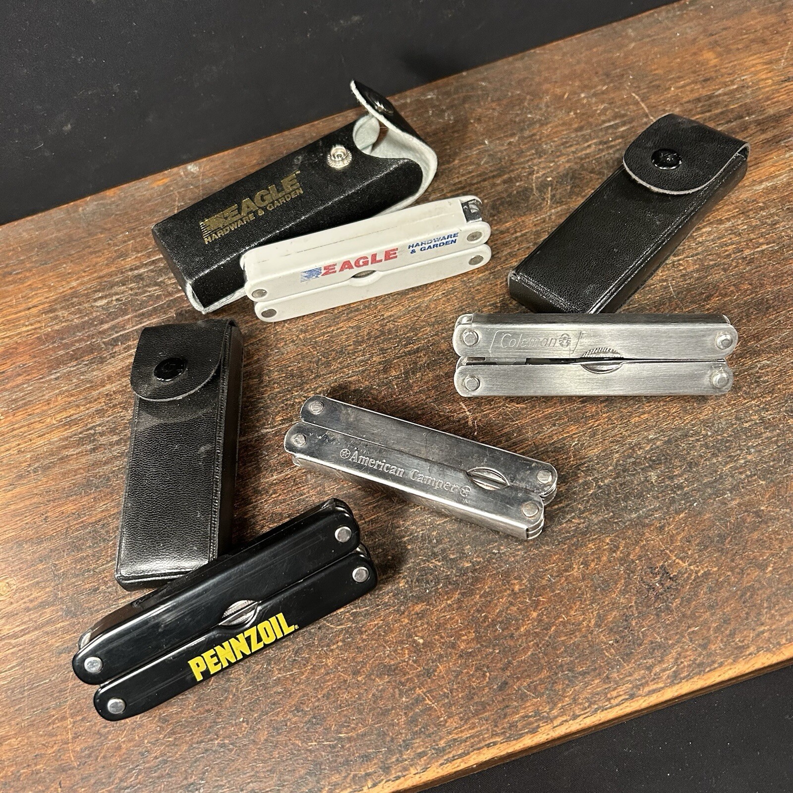 Vintage Multi Tool Lot (4) Knife Pennzoil Eagle Coleman American Camper