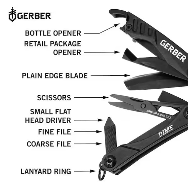 GERBER Dime 10-in-1 Multi-Tool Black Stainless Steel Pliers Wire Cutter Driver