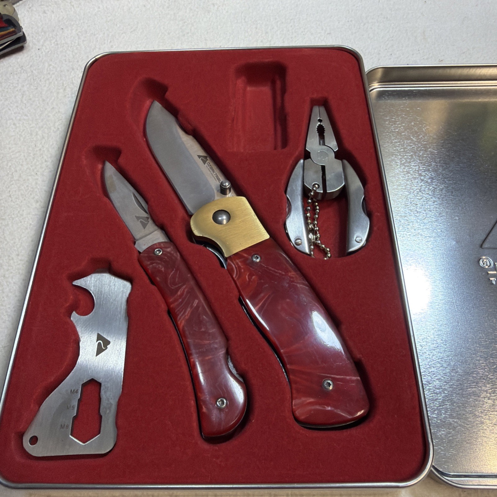 OZARK TRAIL 5-PIECE COMBO SET MARBLE TEXTURE HANDLE STAINLESS STEEL BLADE NEW