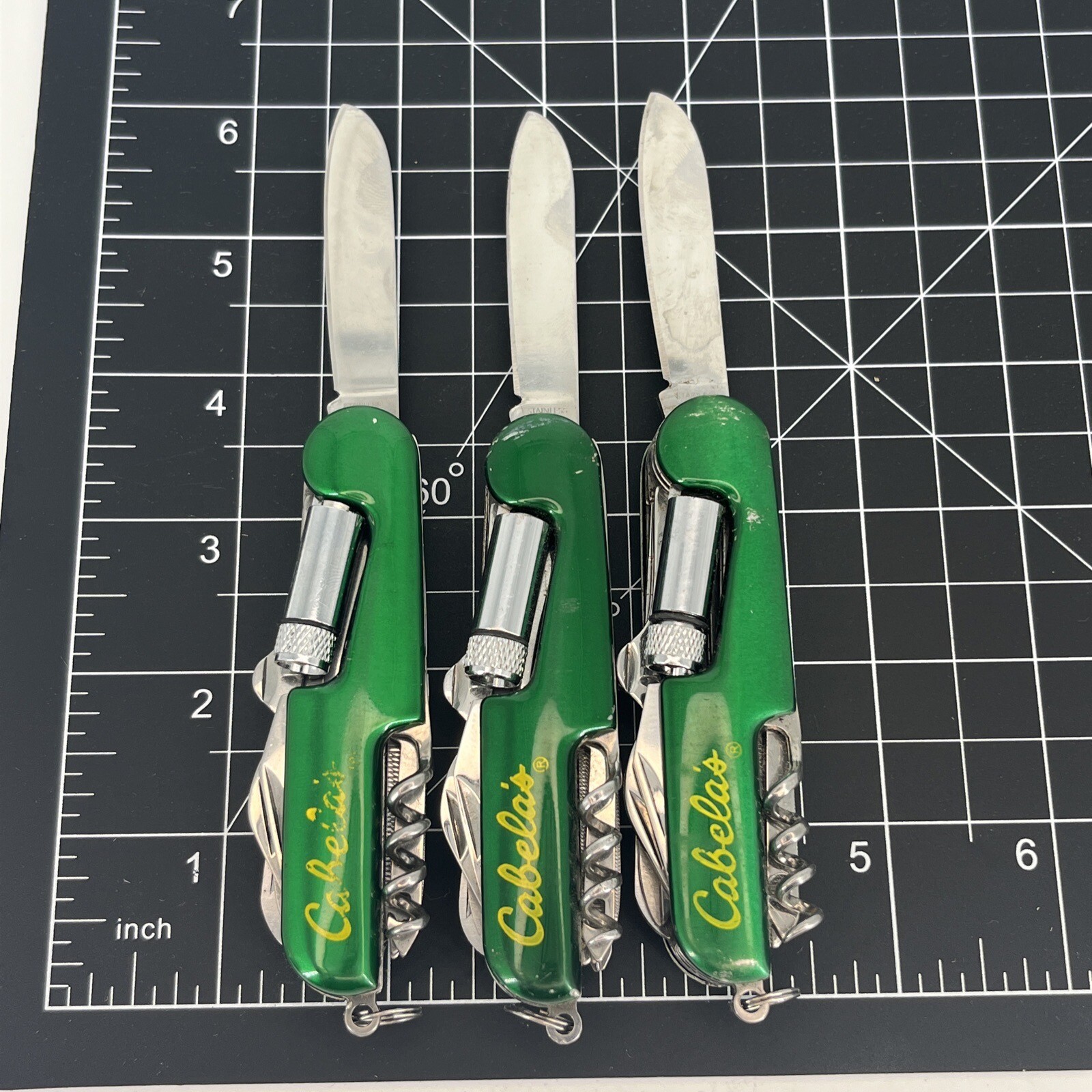 LOT OF 3 Cabella’s Green Multi Tool 8-in-1 Pocket Knife – SAVE BIG! W NYLON CASE