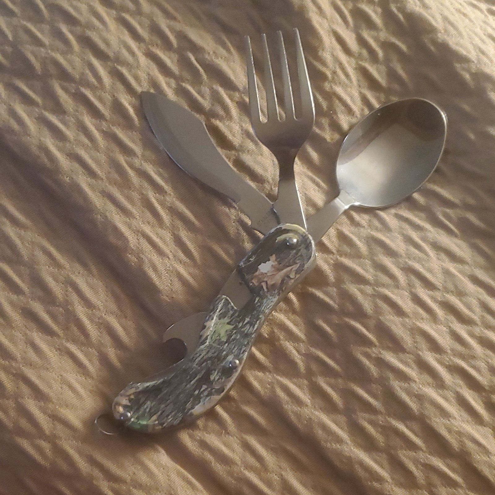 Camouflage Camping Multi-Tool Knife Fork Spoon Bottle Opener Stainless Steel