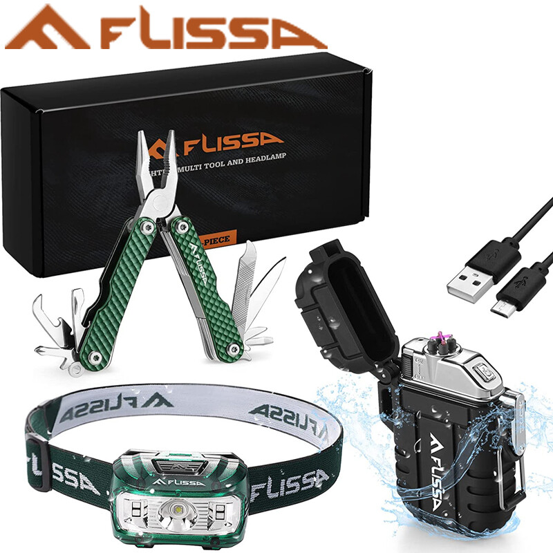 Flissa 3PC 12 in 1 Multitool Plier Waterproof LED Headlamp Windproof Lighter Set