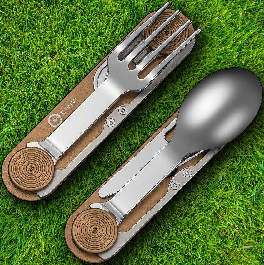 Civivi Partake Multitool Knife Fork Spoon Can Opener Brown Aluminum Handles