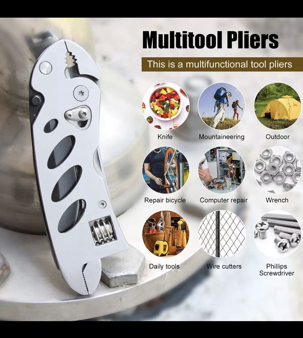 Multitool Wrench With 7 Tools/Pliers/Wire Cutter/Flat Screwdriver/Phillips Sc