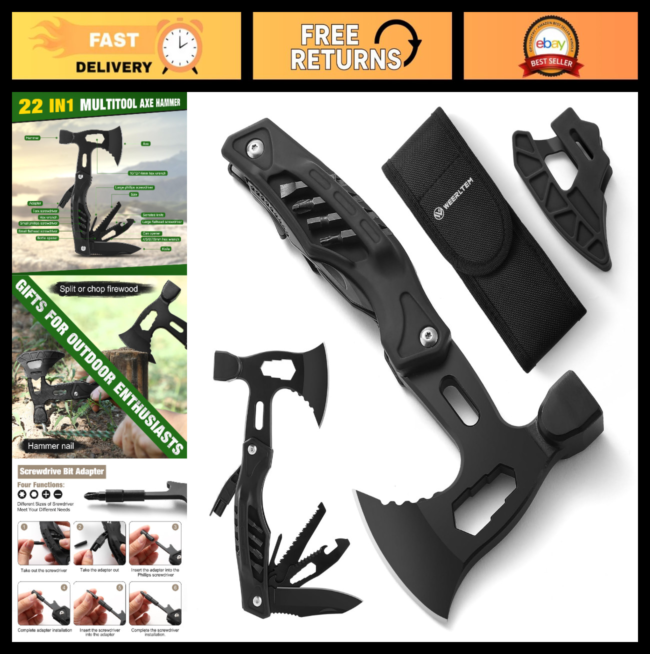 22-in-1 Camping Multitool Hammer Hatchet, Portable Axe & Screwdriver Set – Perfe