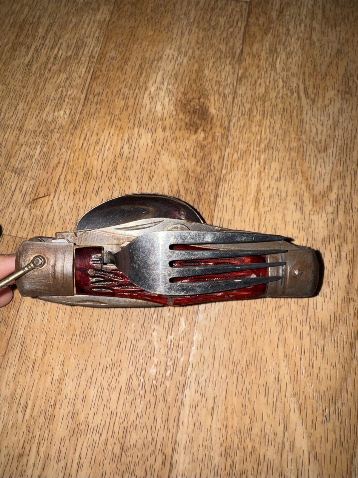 Vtg Camp Multi Tool Folding Pocket Knife Full Size Spoon Fork Saw Knife Camping